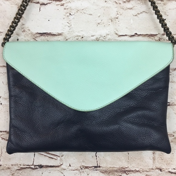 J Crew Green Blue Leather Envelope Chain Purse - Picture 1 of 8